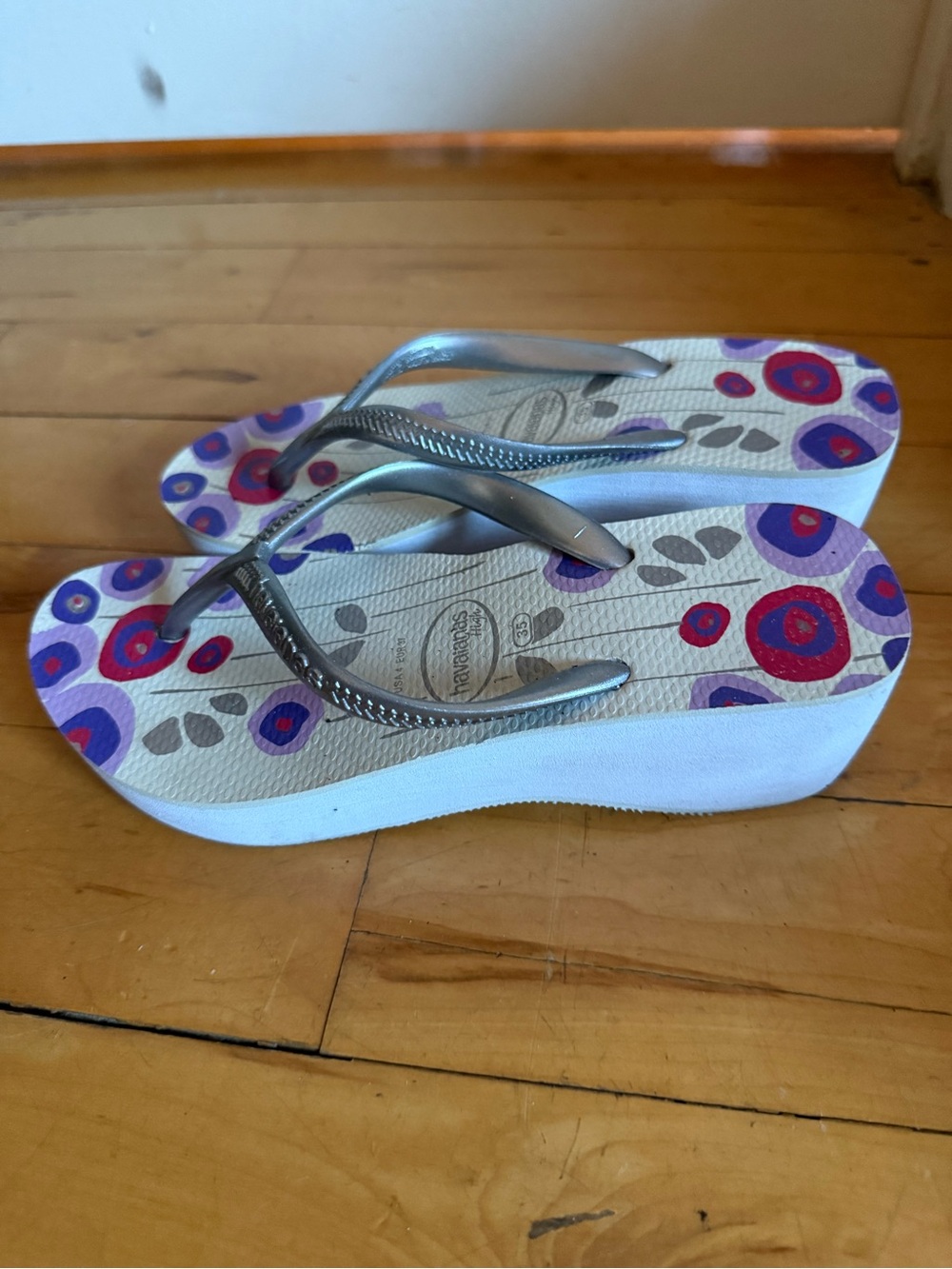Havaianas High Floral Wedge Flip Flops Silver Women’s 6